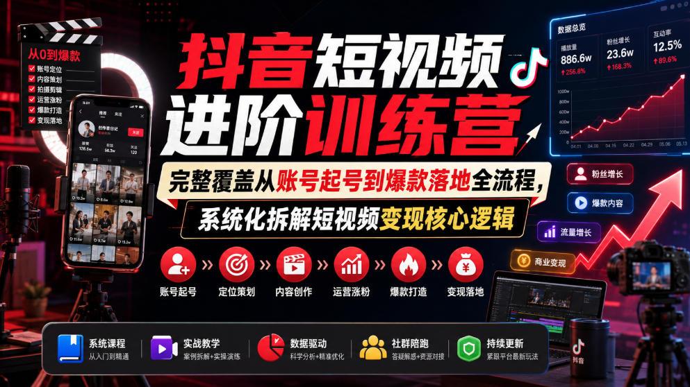 抖音短视频进阶训练营,完整覆盖从账号起号到爆款落地全流程,系统化拆解短视频变现核心逻辑 图1