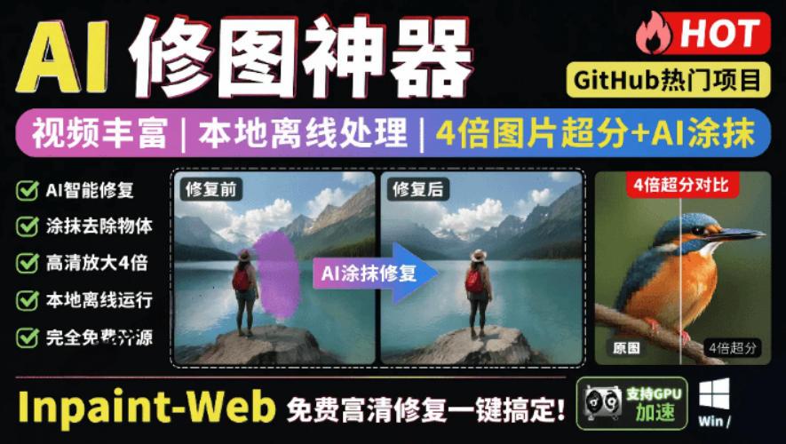 本地离线处理，4倍图片超分+AI涂抹去水印！Github上热门神器，免费高清修复图一键搞定！Inpaint-Web 图1