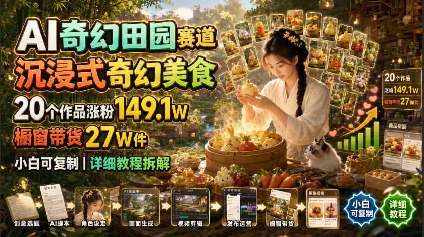 AI奇幻田园赛道,沉浸式奇幻美食,20个作品涨粉149.1W,橱窗带货27W件,小白可复制,详细教程拆解 图1