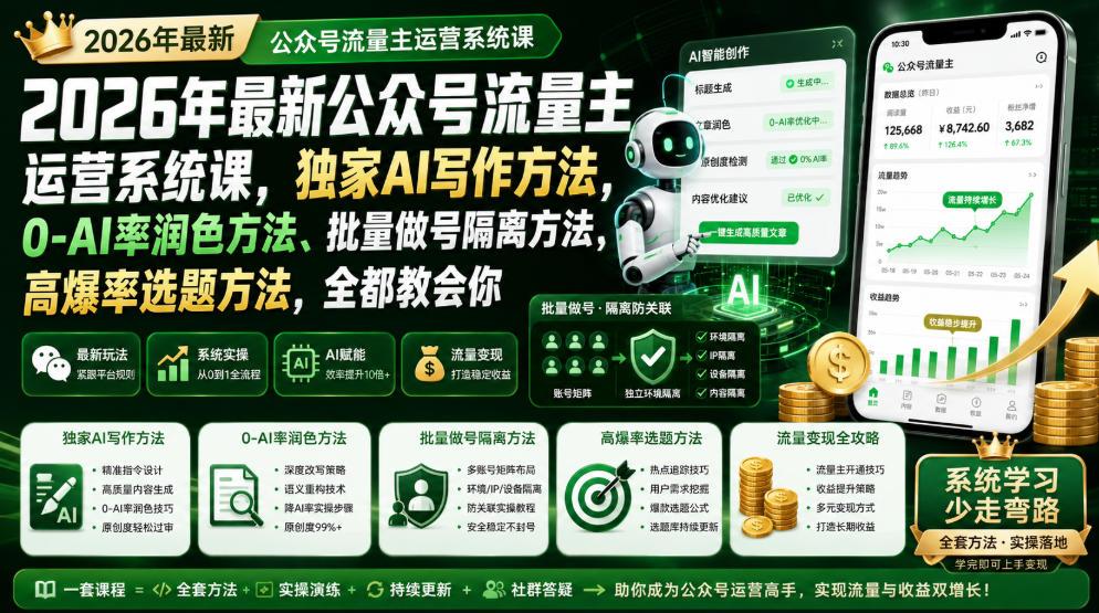 2026年最新公众号流量主运营系统课，独家AI写作方法，0-AI率润色方法、批量做号隔离方法、高爆率选题方法，全都教会你 图1
