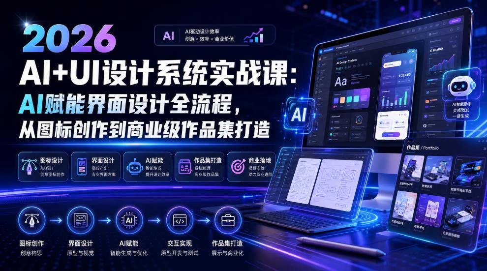 2026 AI+UI设计系统实战课:AI赋能界面设计全流程,从图标创作到商业级作品集打造 图1