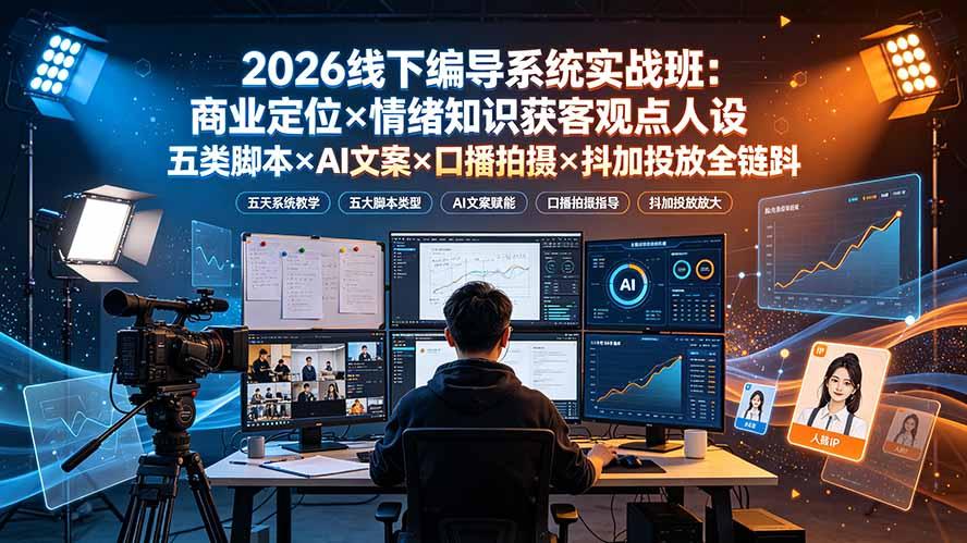2026线下编导系统实战班:商业定位×情绪知识获客观点人设五类脚本×AI文案×口播拍摄×抖加投放全链路 图1