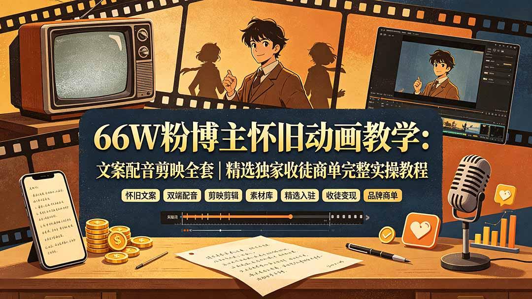 66W粉博主怀旧动画教学：文案配音剪映全套｜精选独家收徒商单完整实操教程 图1