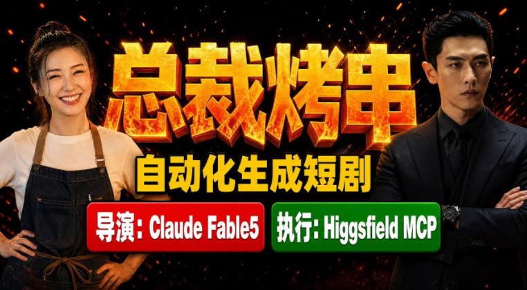 Claude Fable5担任导演+Higgsfield MCP落地执行|《总裁烤串》真人质感短剧全自动AI生成全流程教学 图1