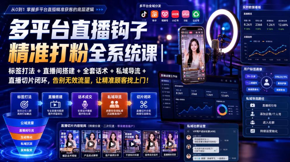多平台直播钩子精准打粉全系统课|标签打法+直播间搭建+全套话术+私域导流+直播切片闭环,告别无效流量,让精准顾客找上门! 图1