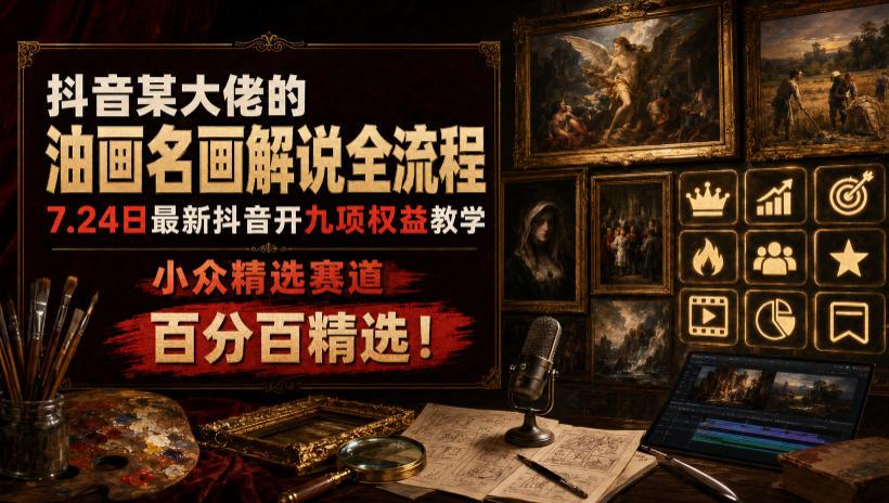 抖音某大佬的油画名画解说全流程，7.24日最新抖音开九项权益教学，小众精选赛道，百分百精选！ 图1