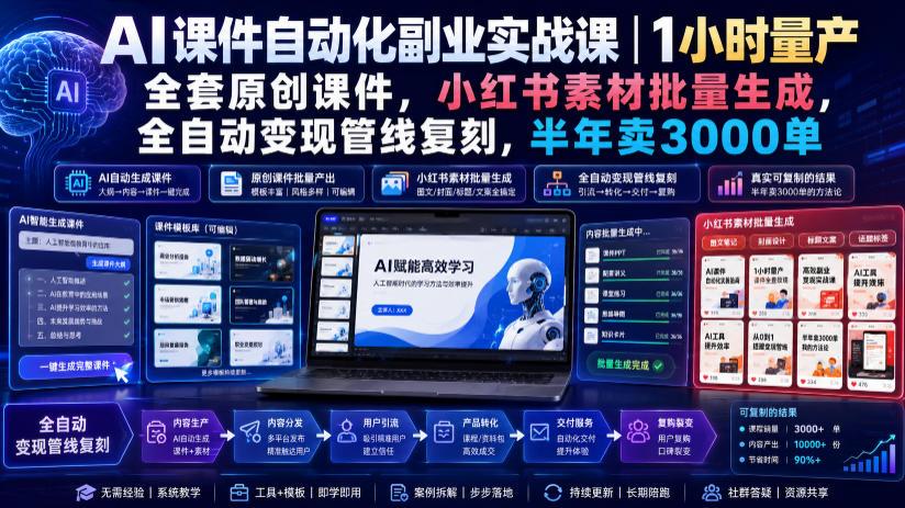 AI课件自动化副业实战课｜1小时量产全套原创课件，小红书素材批量生成，全自动变现管线复刻，半年卖3000单 图1