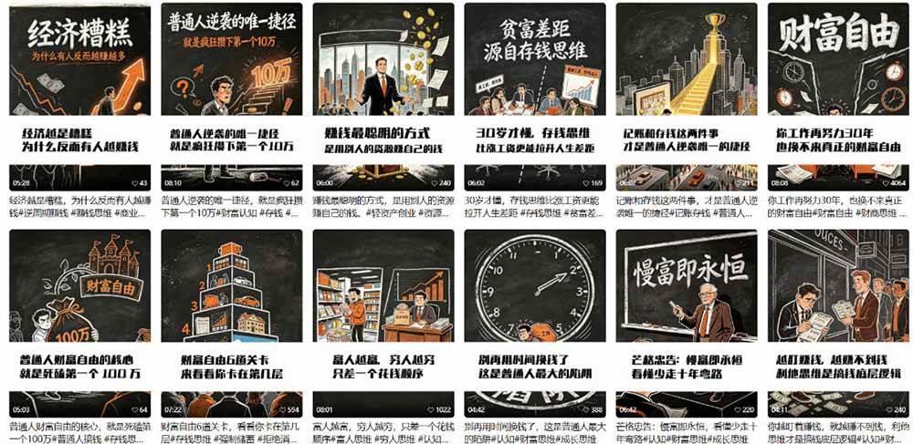 AI书单财富书籍图文解读:手绘黑白风格×一键直出×几十条视频跑1000单×全流程拆解×新手可上手 图1