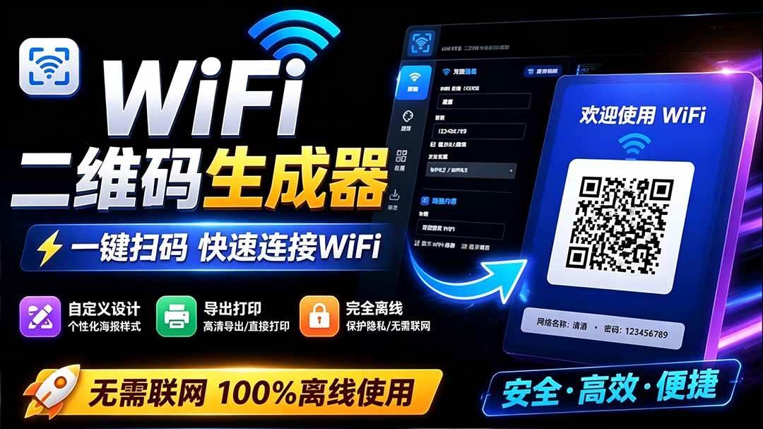 完全离线使用！WiFi二维码生成器，一键扫码快速连接WiFi，支持自定义风格导出 WiFi二维码生成器 图1