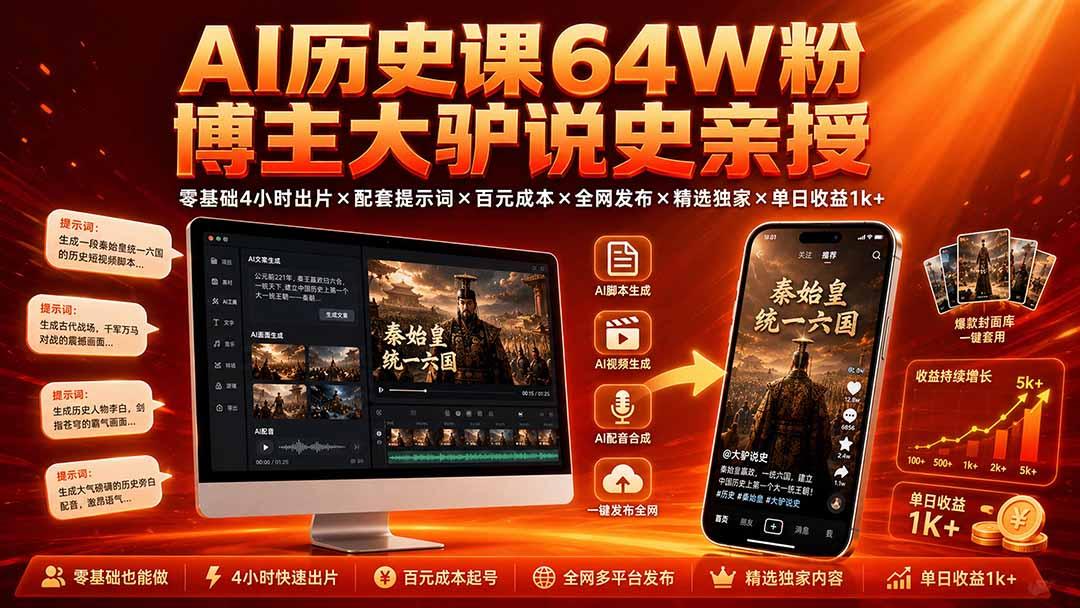 AI历史课64W粉博主大驴说史亲授：零基础4小时出片×配套提示词×百元成本×全网发布×精选独家×单日收益1k+ 图1