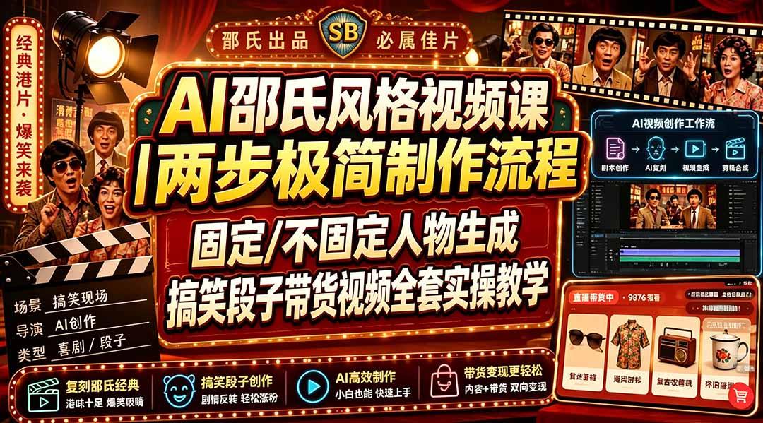 AI邵氏风格视频课｜两步极简制作流程，固定/不固定人物生成，搞笑段子带货视频全套实操教学 图1