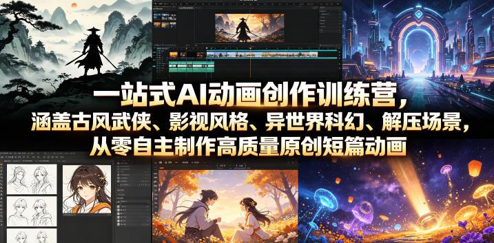 一站式AI动画创作训练营，涵盖古风武侠、影视风格、异世界科幻、解压场景，从零自主制作高质量原创短篇动画 图1