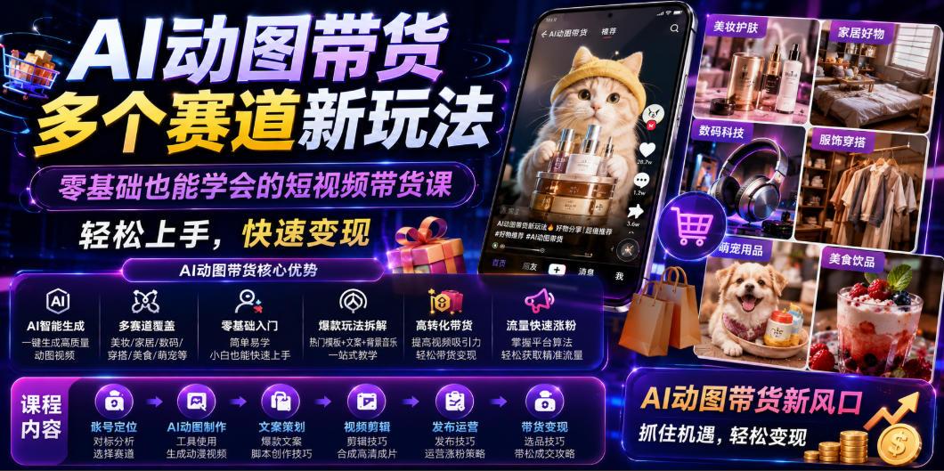 AI动图带货多个赛道新玩法,零基础也能学会的短视频带货课,轻松上手,快速变现 图1