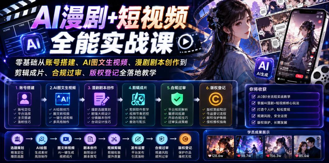 AI漫剧+短视频全能实战课|零基础从账号搭建、AI图文生视频、漫剧剧本创作到剪辑成片、合规过审、版权登记全落地教学 图1