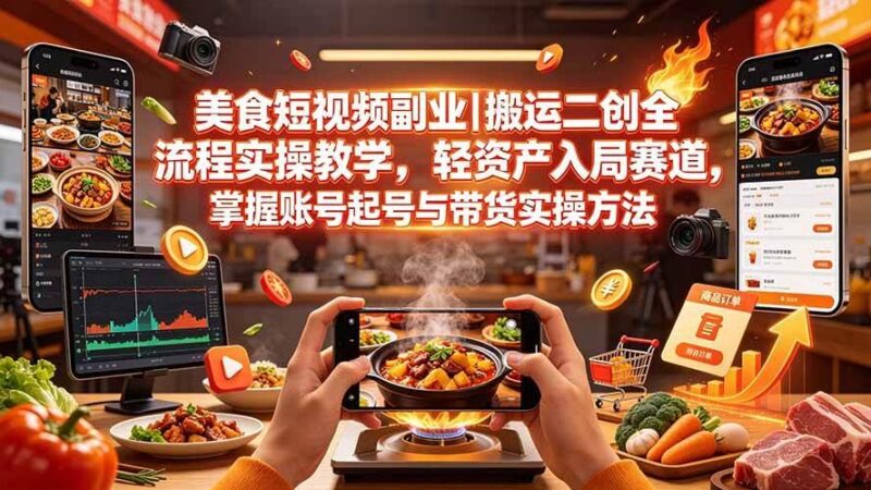 美食短视频副业|搬运二创全流程实操教学,轻资产入局赛道,掌握账号起号与带货实操方法-三零资源