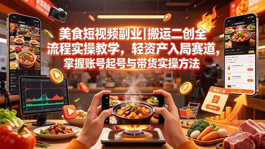 美食短视频副业｜搬运二创全流程实操教学，轻资产入局赛道，掌握账号起号与带货实操方法