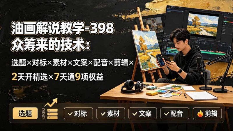 油画解说教学-398众筹来的技术:选题×对标×素材×文案×配音×剪辑×2天开精选×7天通9项权益 三零资源-三零资源