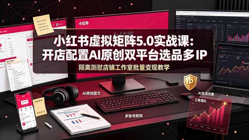 小红书虚拟矩阵5.0实战课:开店配置|AI原创|双平台选品|多IP隔离|测怼店铺工作室批量变现实操教学-三零资源