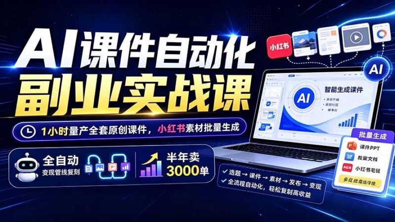 AI课件自动化副业实战课:1小时量产全套原创课件×小红书素材批量生成×全自动变现管线×半年卖3000单-三零资源