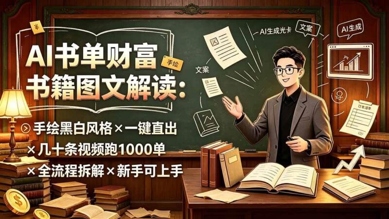 AI书单财富书籍图文解读：手绘黑白风格×一键直出×几十条视频跑1000单×全流程拆解×新手可上手-三零资源