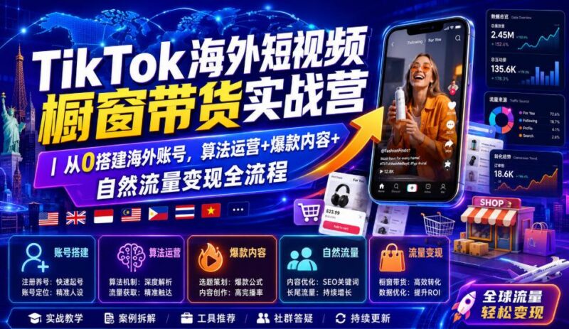 TikTok海外短视频橱窗带货实战营｜从0搭建海外账号，算法运营+爆款内容+自然流量变现全流程-三零资源