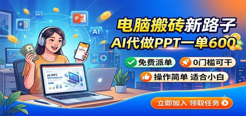 电脑搬砖新路子：AI代做PPT一单600，免费派单，0门槛可干-三零资源