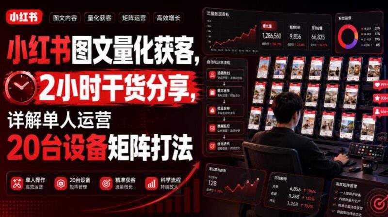小红书图文量化获客，2小时干货分享，详解单人运营20台设备矩阵打法-三零资源