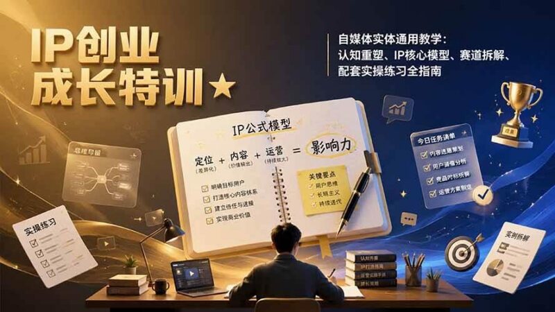 IP创业成长特训★自媒体实体通用教学：认知重塑、IP核心模型、赛道拆解、配套实操练习全指南-三零资源
