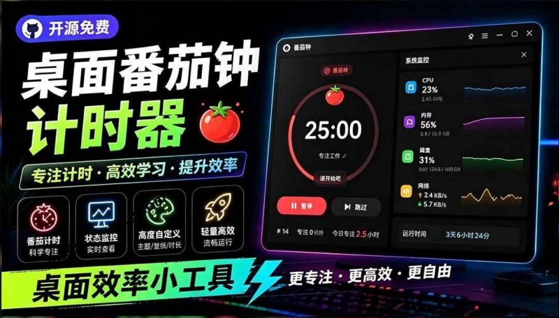 仅1.16MB，开源极简的桌面时钟、番茄钟计时器，还支持系统监控显示，桌面效率小工具 Catime-三零资源