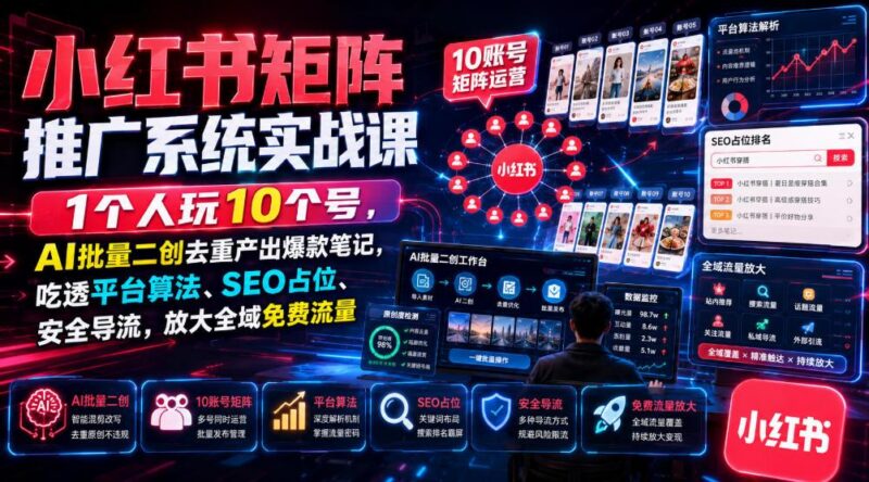 小红书矩阵推广系统实战课｜1个人玩10个号，AI批量二创去重产出爆款笔记，吃透平台算法、SEO占位、安全导流，放大全域免费流量-三零资源