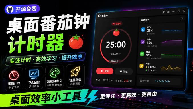 仅1.16MB，开源极简的桌面时钟、番茄钟计时器，还支持系统监控显示，桌面效率小工具Catime-三零资源