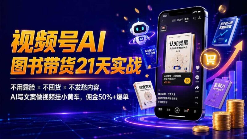 繁花视频号AI图书带货21天实战：不用露脸×不囤货×不发愁内容，AI写文案做视频挂小黄车，佣金50%+爆单 三零资源-三零资源