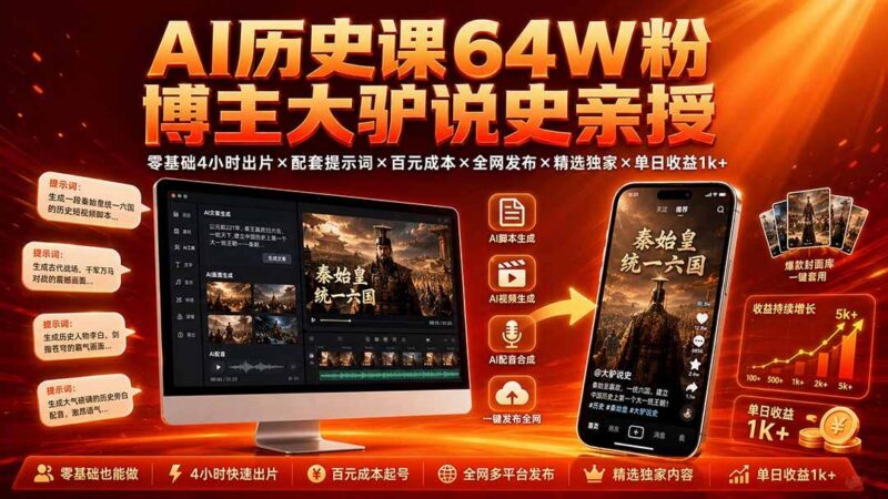 AI历史课64W粉博主大驴说史亲授：零基础4小时出片×配套提示词×百元成本×全网发布×精选独家×单日收益1k+ 三零资源-三零资源