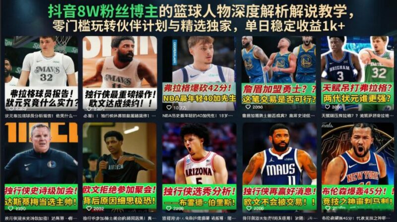 抖音8W粉丝博主的篮球人物深度解析解说教学,零门槛玩转伙伴计划与精选独家,单日稳定收益1k+-三零资源