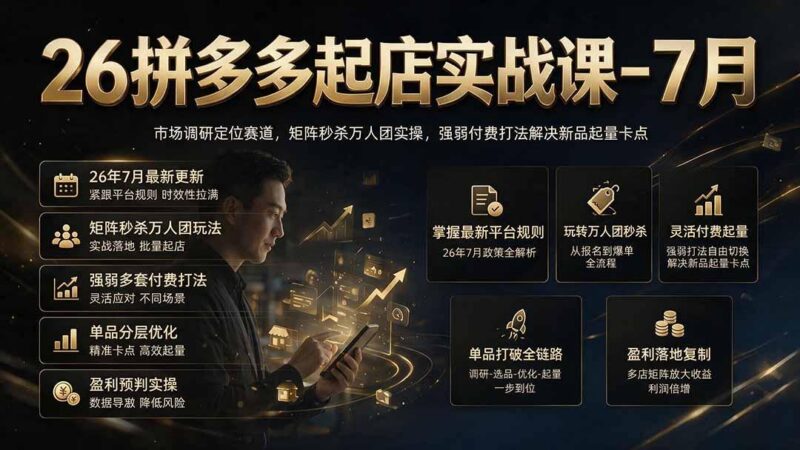 26拼多多起店实战课-7月｜市场调研定位赛道，矩阵秒杀万人团实操，强弱付费打法解决新品起量卡点-三零资源