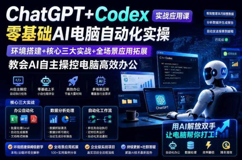 ChatGPT+Codex实战应用课｜零基础AI电脑自动化实操，环境搭建+核心三大实战+全场景应用拓展，教会AI自主操控电脑高效办公-三零资源