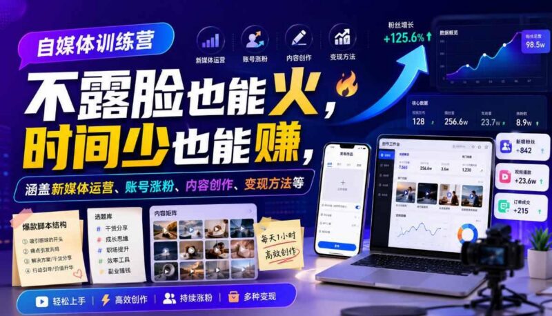 自媒体训练营，不露脸也能火，时间少也能賺，涵盖新媒体运营、账号涨粉、内容创作、变现方法等 三零资源-三零资源