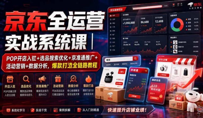 京东全运营实战系统课｜POP开店入驻+选品搜索优化+京准通推广+活动营销+数据分析，爆款打造全链路教程-三零资源