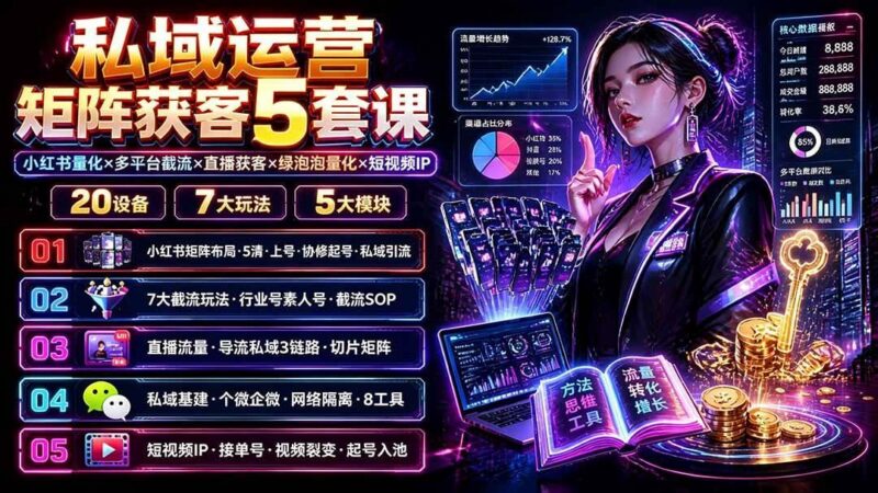 私域运营矩阵获客5套课:小红书量化×多平台截流×直播获客×绿泡泡量化×短视频IP×20设备×7大玩法 三零资源-三零资源