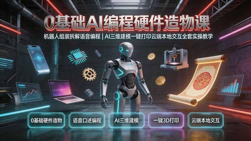0基础AI编程硬件造物课|机器人组装拆解语音编程,AI三维建模一键打印云端本地交互全套实操教学-三零资源