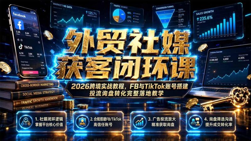 外贸社媒获客闭环课|2026跨境实战教程,FB与TikTok账号搭建投流询盘转化完整落地教学-三零资源