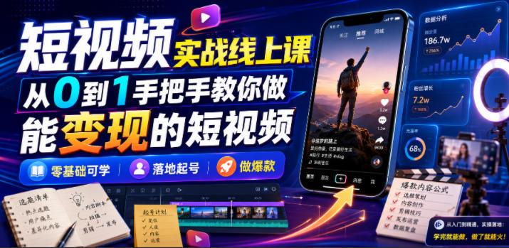 短视频实战线上课,从0到1手把手教你做能变现的短视频,零基础可学,落地起号做爆款-三零资源