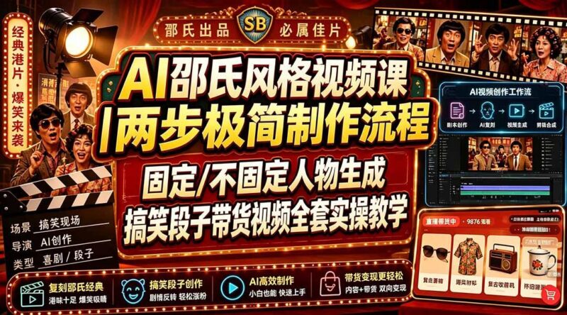 AI邵氏风格视频课|两步极简制作流程,固定/不固定人物生成,搞笑段子带货视频全套实操教学-三零资源