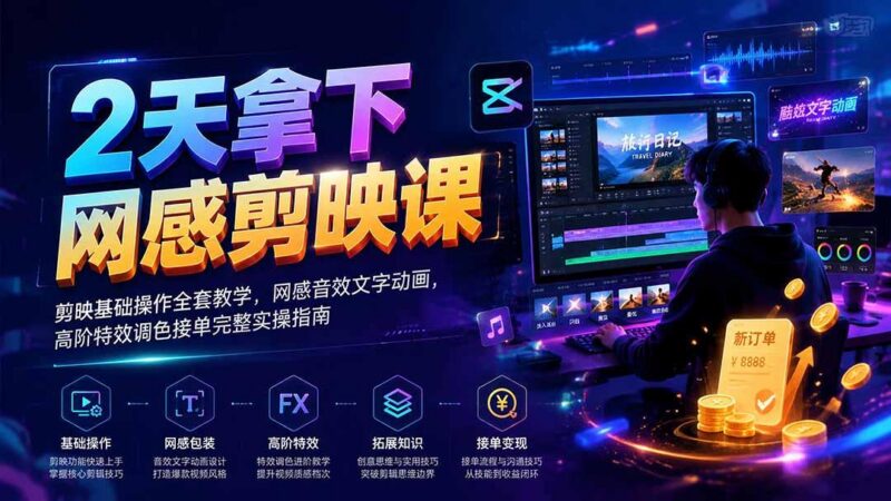 2天拿下网感剪辑课|剪映基础操作全套教学,网感音效文字动画,高阶特效调色接单完整实操指南 三零资源-三零资源