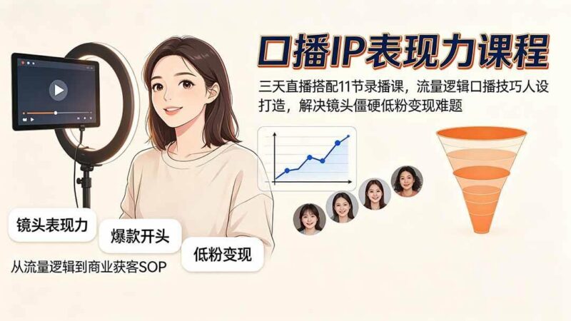 口播IP表现力课程|三天直播搭配11节录播课,流量逻辑口播技巧人设打造,解决镜头僵硬低粉变现难题-三零资源