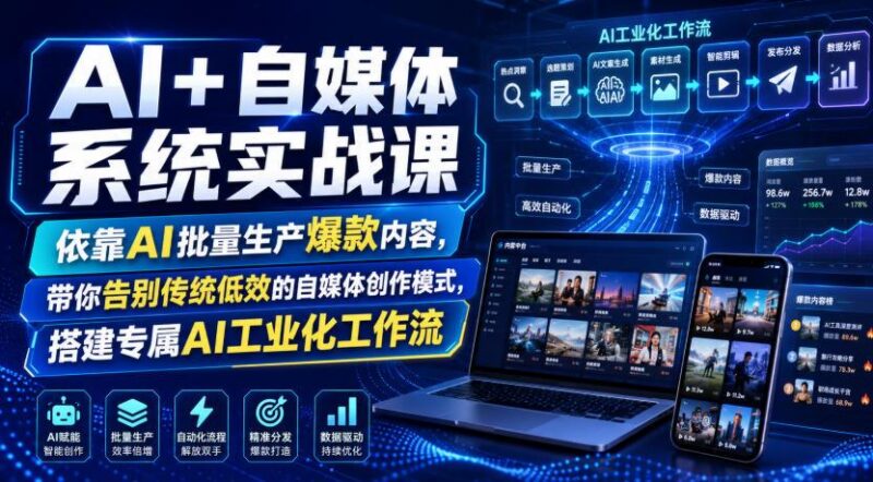 AI+自媒体系统实战课,依靠AI批量生产爆款内容,带你告别传统低效的自媒体创作模式,搭建专属AI工业化工作流-三零资源