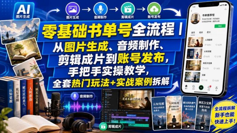 零基础书单号全流程｜从图片生成、音频制作、剪辑成片到账号发布，手把手实操教学，全套热门玩法+实战案例拆解-三零资源