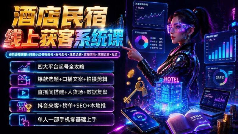 酒店民宿线上获客系统课：6年讲师亲授×抖音小红书视频号×账号起号×爆款选题×直播落地×店铺运营×投流 三零资源-三零资源