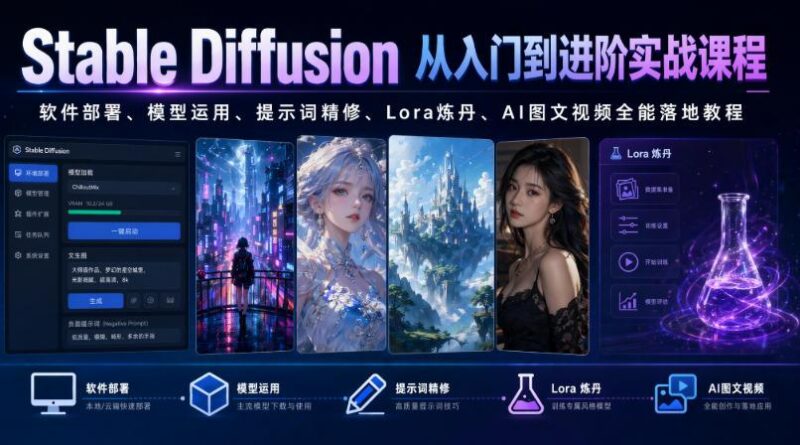 Stable Diffusion从入门到进阶实战课程｜软件部署、模型运用、提示词精修、Lora炼丹、AI图文视频全能落地教程-三零资源