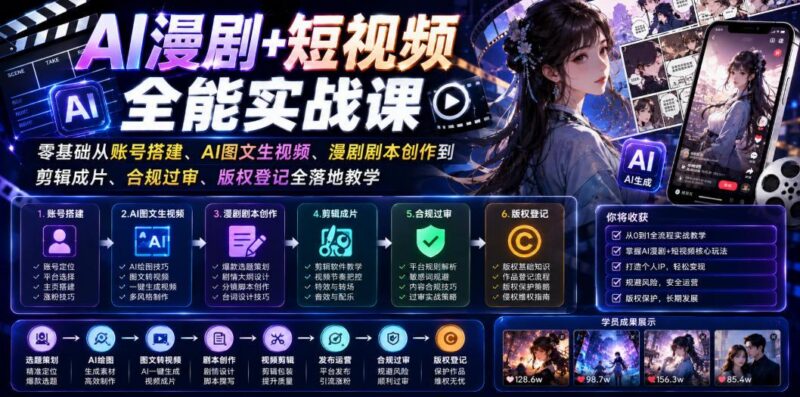 AI漫剧+短视频全能实战课|零基础从账号搭建、AI图文生视频、漫剧剧本创作到剪辑成片、合规过审、版权登记全落地教学-三零资源